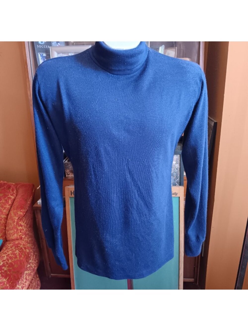 Vintage 1970's Buttery Turtleneck Shirt Mens Single Stitch Haband Blue Boho Nerd